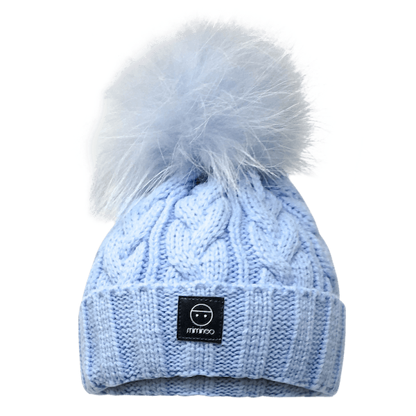 Merino Wool Single Pompom Braided Hat in Light Blue-Winter Beanies-Mix & Match baby beanie winter hat snap on removable pompom single or double by MKS Miminoo Arizona USA