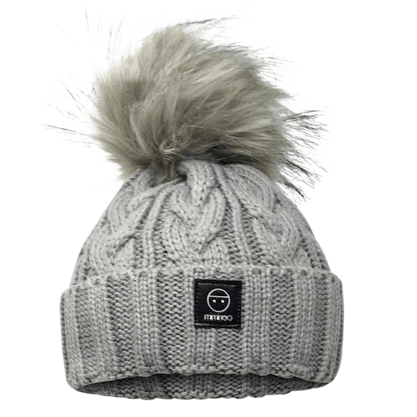 Merino Wool Single Pompom Braided Hat in Light Grey-Winter Beanies-Mix & Match baby beanie winter hat snap on removable pompom single or double by MKS Miminoo Arizona USA