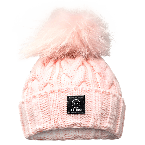 Merino Wool Single Pompom Braided Hat in Pink-Winter Beanies-Mix & Match baby beanie winter hat snap on removable pompom single or double by MKS Miminoo Arizona USA