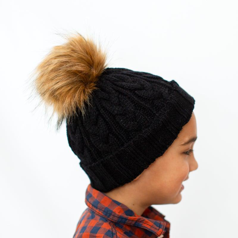 Merino Wool Snap on Double Pom Poms Braided Beanie in Black-Winter Beanies-Mix & Match baby beanie winter hat snap on removable pompom single or double by MKS Miminoo Arizona USA