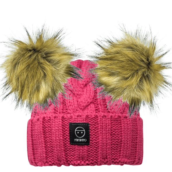 Merino Wool Snap on Double Pom Poms Braided Beanie in Fuchsia-Winter Beanies-Mix & Match baby beanie winter hat snap on removable pompom single or double by MKS Miminoo Arizona USA
