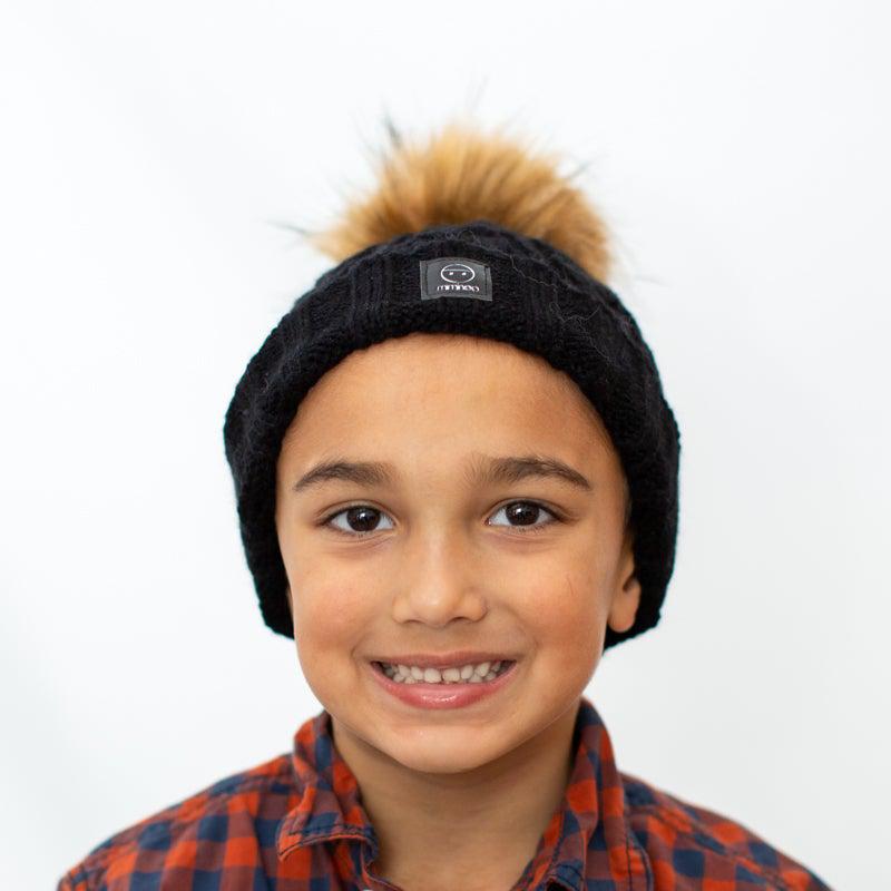Merino Wool Snap on One Pom Braided Beanie in Black-Winter Beanies-Mix & Match baby beanie winter hat snap on removable pompom single or double by MKS Miminoo Arizona USA